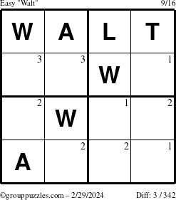 The grouppuzzles.com Easy Walt puzzle for Thursday February 29, 2024 with the first 3 steps marked