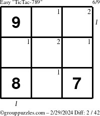 The grouppuzzles.com Easy TicTac-789 puzzle for Thursday February 29, 2024 with all 2 steps marked