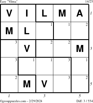 The grouppuzzles.com Easy Vilma puzzle for Thursday February 29, 2024 with all 3 steps marked