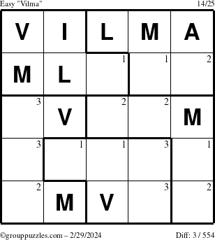The grouppuzzles.com Easy Vilma puzzle for Thursday February 29, 2024 with the first 3 steps marked