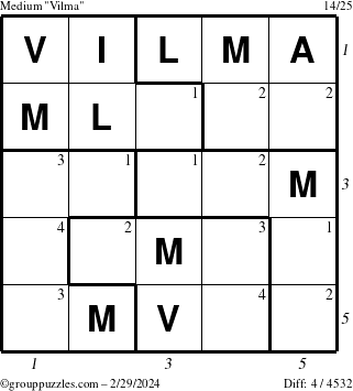The grouppuzzles.com Medium Vilma puzzle for Thursday February 29, 2024 with all 4 steps marked