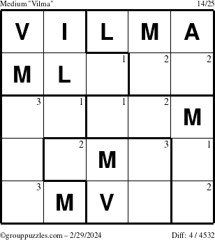 The grouppuzzles.com Medium Vilma puzzle for Thursday February 29, 2024 with the first 3 steps marked