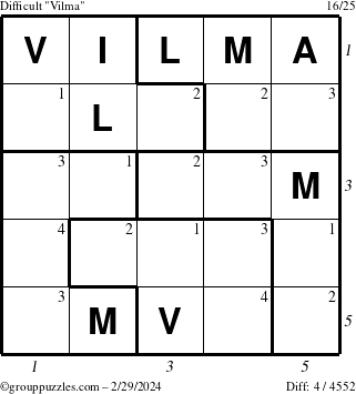 The grouppuzzles.com Difficult Vilma puzzle for Thursday February 29, 2024 with all 4 steps marked
