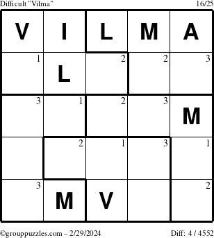 The grouppuzzles.com Difficult Vilma puzzle for Thursday February 29, 2024 with the first 3 steps marked