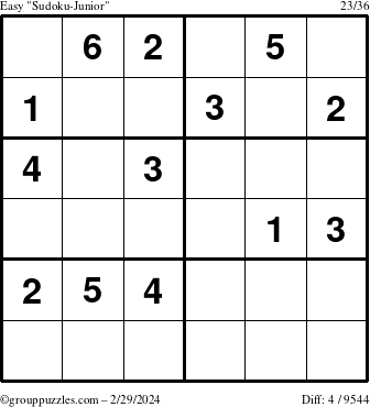 The grouppuzzles.com Easy Sudoku-Junior puzzle for Thursday February 29, 2024