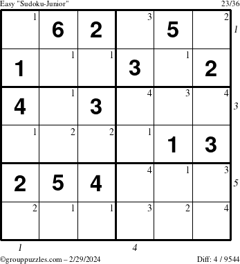The grouppuzzles.com Easy Sudoku-Junior puzzle for Thursday February 29, 2024 with all 4 steps marked