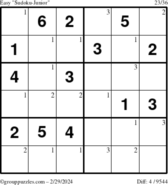 The grouppuzzles.com Easy Sudoku-Junior puzzle for Thursday February 29, 2024 with the first 3 steps marked