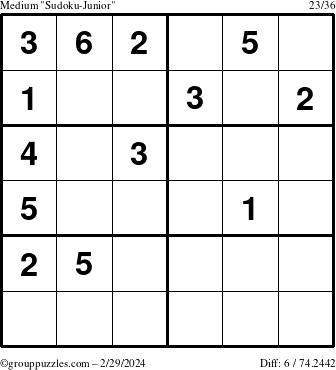 The grouppuzzles.com Medium Sudoku-Junior puzzle for Thursday February 29, 2024