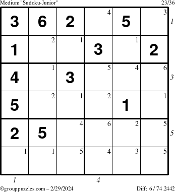 The grouppuzzles.com Medium Sudoku-Junior puzzle for Thursday February 29, 2024 with all 6 steps marked