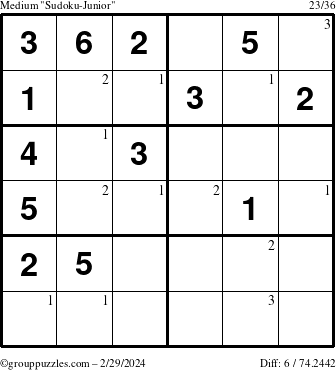 The grouppuzzles.com Medium Sudoku-Junior puzzle for Thursday February 29, 2024 with the first 3 steps marked