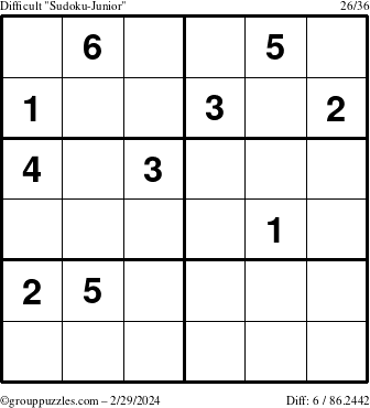 The grouppuzzles.com Difficult Sudoku-Junior puzzle for Thursday February 29, 2024