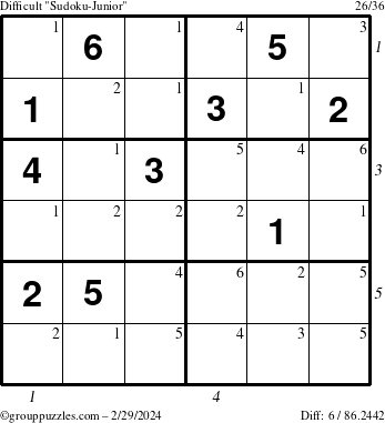 The grouppuzzles.com Difficult Sudoku-Junior puzzle for Thursday February 29, 2024 with all 6 steps marked