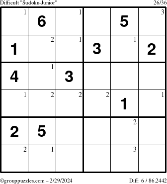 The grouppuzzles.com Difficult Sudoku-Junior puzzle for Thursday February 29, 2024 with the first 3 steps marked