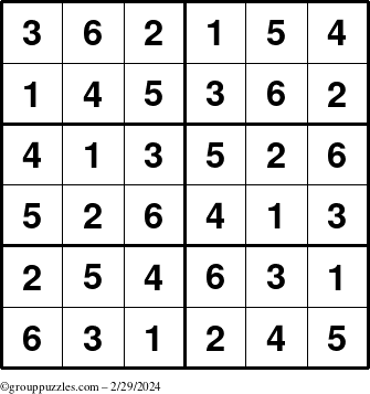 The grouppuzzles.com Answer grid for the Sudoku-Junior puzzle for Thursday February 29, 2024