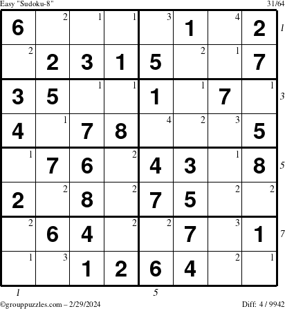 The grouppuzzles.com Easy Sudoku-8 puzzle for Thursday February 29, 2024 with all 4 steps marked