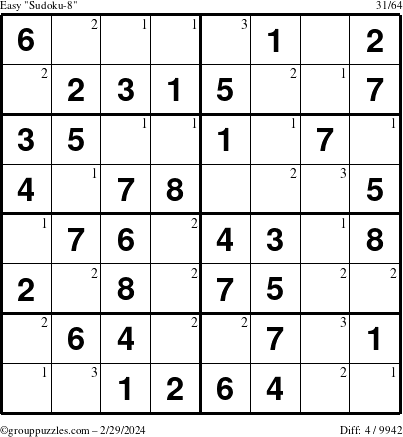 The grouppuzzles.com Easy Sudoku-8 puzzle for Thursday February 29, 2024 with the first 3 steps marked