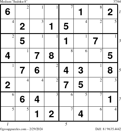 The grouppuzzles.com Medium Sudoku-8 puzzle for Thursday February 29, 2024 with all 8 steps marked