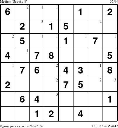 The grouppuzzles.com Medium Sudoku-8 puzzle for Thursday February 29, 2024 with the first 3 steps marked