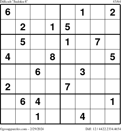 The grouppuzzles.com Difficult Sudoku-8 puzzle for Thursday February 29, 2024