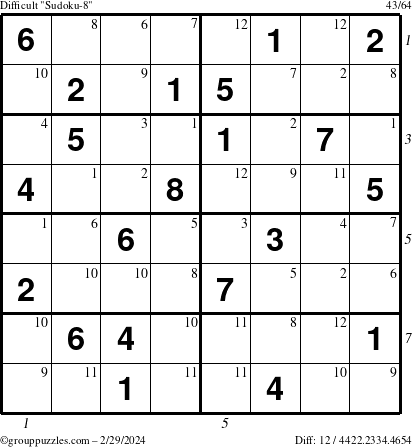 The grouppuzzles.com Difficult Sudoku-8 puzzle for Thursday February 29, 2024 with all 12 steps marked