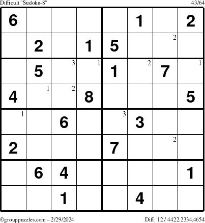 The grouppuzzles.com Difficult Sudoku-8 puzzle for Thursday February 29, 2024 with the first 3 steps marked
