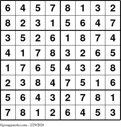 The grouppuzzles.com Answer grid for the Sudoku-8 puzzle for Thursday February 29, 2024