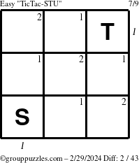 The grouppuzzles.com Easy TicTac-STU puzzle for Thursday February 29, 2024 with all 2 steps marked