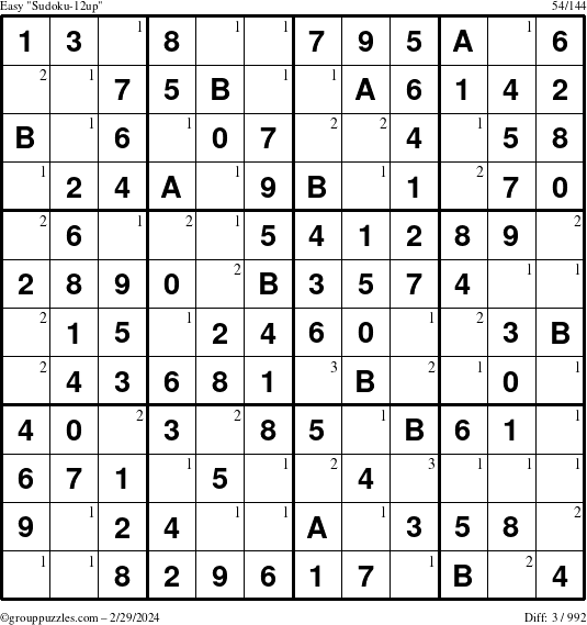 The grouppuzzles.com Easy Sudoku-12up puzzle for Thursday February 29, 2024 with the first 3 steps marked