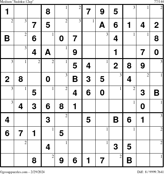 The grouppuzzles.com Medium Sudoku-12up puzzle for Thursday February 29, 2024 with the first 3 steps marked