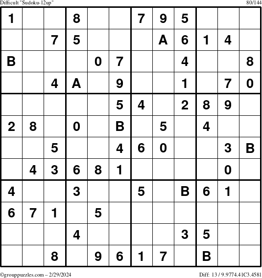 The grouppuzzles.com Difficult Sudoku-12up puzzle for Thursday February 29, 2024