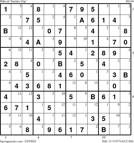 The grouppuzzles.com Difficult Sudoku-12up puzzle for Thursday February 29, 2024 with all 13 steps marked