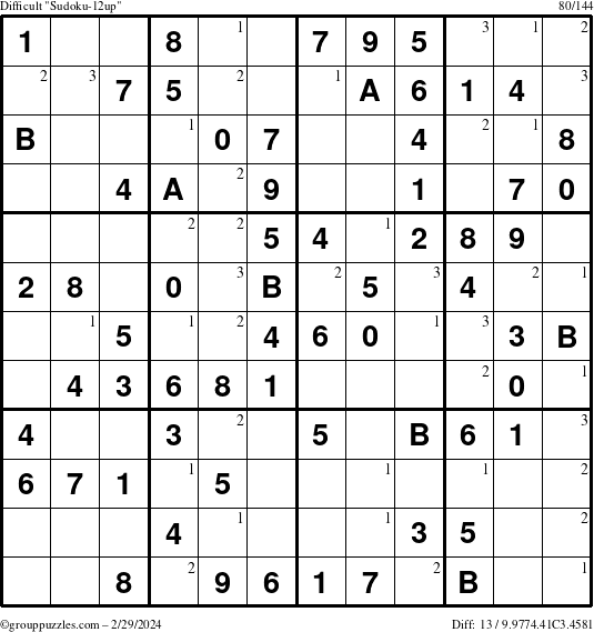 The grouppuzzles.com Difficult Sudoku-12up puzzle for Thursday February 29, 2024 with the first 3 steps marked