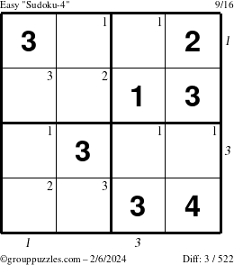 The grouppuzzles.com Easy Sudoku-4 puzzle for Tuesday February 6, 2024 with all 3 steps marked