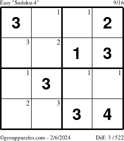 The grouppuzzles.com Easy Sudoku-4 puzzle for Tuesday February 6, 2024 with the first 3 steps marked