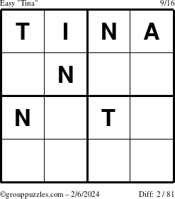 The grouppuzzles.com Easy Tina puzzle for Tuesday February 6, 2024