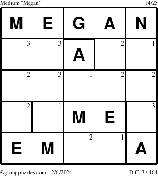 The grouppuzzles.com Medium Megan puzzle for Tuesday February 6, 2024 with the first 3 steps marked