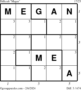 The grouppuzzles.com Difficult Megan puzzle for Tuesday February 6, 2024 with all 3 steps marked