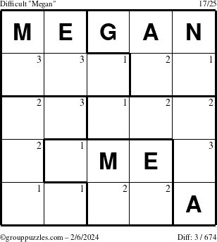 The grouppuzzles.com Difficult Megan puzzle for Tuesday February 6, 2024 with the first 3 steps marked