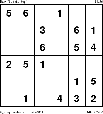 The grouppuzzles.com Easy Sudoku-6up puzzle for Tuesday February 6, 2024