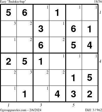 The grouppuzzles.com Easy Sudoku-6up puzzle for Tuesday February 6, 2024 with all 3 steps marked