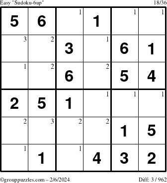 The grouppuzzles.com Easy Sudoku-6up puzzle for Tuesday February 6, 2024 with the first 3 steps marked