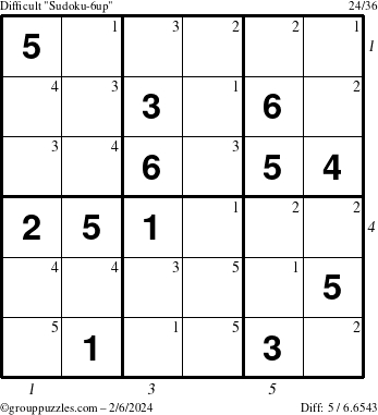 The grouppuzzles.com Difficult Sudoku-6up puzzle for Tuesday February 6, 2024 with all 5 steps marked