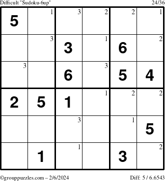 The grouppuzzles.com Difficult Sudoku-6up puzzle for Tuesday February 6, 2024 with the first 3 steps marked