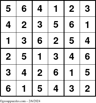 The grouppuzzles.com Answer grid for the Sudoku-6up puzzle for Tuesday February 6, 2024