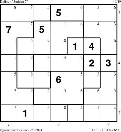 The grouppuzzles.com Difficult Sudoku-7 puzzle for Tuesday February 6, 2024 with all 9 steps marked