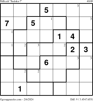 The grouppuzzles.com Difficult Sudoku-7 puzzle for Tuesday February 6, 2024 with the first 3 steps marked