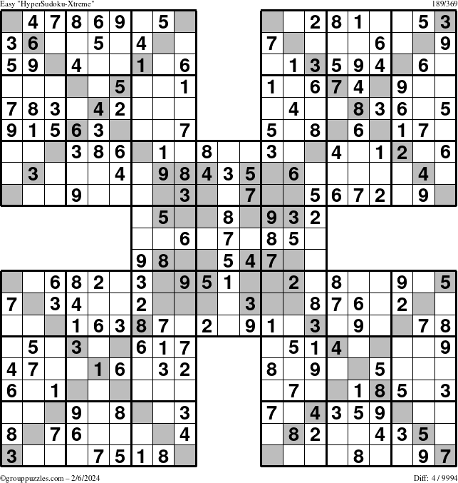 The grouppuzzles.com Easy HyperSudoku-Xtreme puzzle for Tuesday February 6, 2024