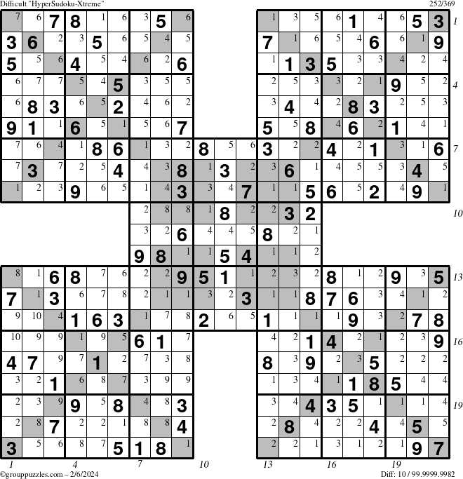 The grouppuzzles.com Difficult HyperSudoku-Xtreme puzzle for Tuesday February 6, 2024 with all 10 steps marked