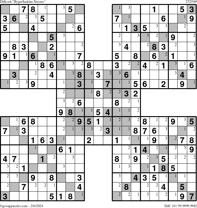 The grouppuzzles.com Difficult HyperSudoku-Xtreme puzzle for Tuesday February 6, 2024 with the first 3 steps marked