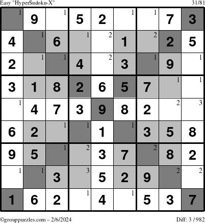 The grouppuzzles.com Easy HyperSudoku-X puzzle for Tuesday February 6, 2024 with the first 3 steps marked